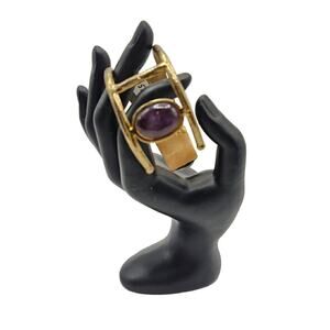 Vintage Artisan Brutalist Gold Cuff Bracelet Moonstones and Amethyst Stones